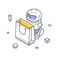 A delivery service robot stands next to a shopping bag, showcasing its role in modern logistics. This isometric line art illustration emphasizes efficiency and innovation in delivery solutions.