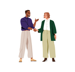 Business partners, man and woman shaking hands, cooperation and deal sign. Professional communication, handshake for agreement, partnership. Flat vector illustration isolated on white background