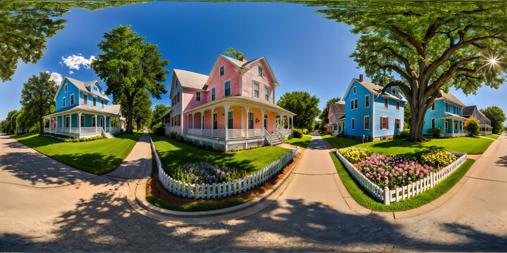 Full 360 degrees seamless spherical panorama HDRI equirectangular projection of An idyllic small town. Texture environment map for lighting and reflection source rendering 3d scenes.