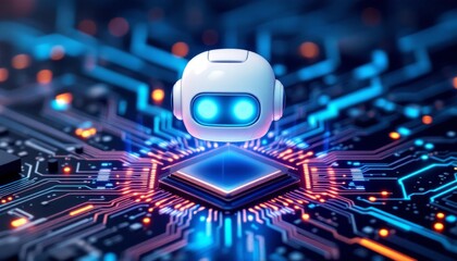 Fototapeta premium Robot Head Hovering Above Circuit Board Technology
