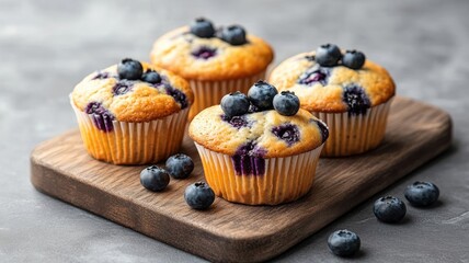 Freshly baked blueberry muffins on a wooden board with scattered berries