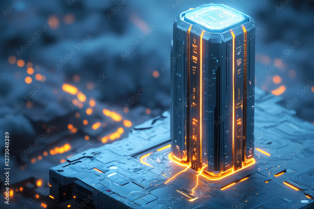 Poster futuristic cyberpunk-style digital tower with glowing orange circuits, plugged into a large technolo