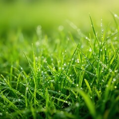 Obraz premium A macro shot background of vibrant green grass covered in tiny dewdrops, glistening in the soft morning sunlight.
