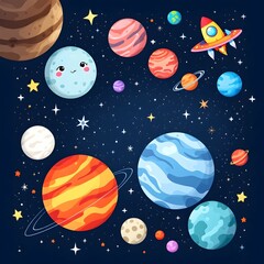 "Colorful Cartoon Space Exploration Illustration"