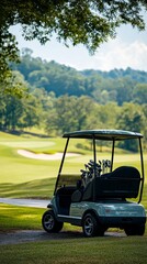 golf cart parked near scenic fairway, with bag of clubs visible and course