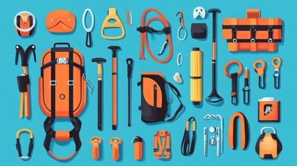 mountain climbing gear compilation, adventure equipment designs, sport safety tools, modern vector illustration style, vibrant color palette, minimalist equipment drawings, technical outdoor elements