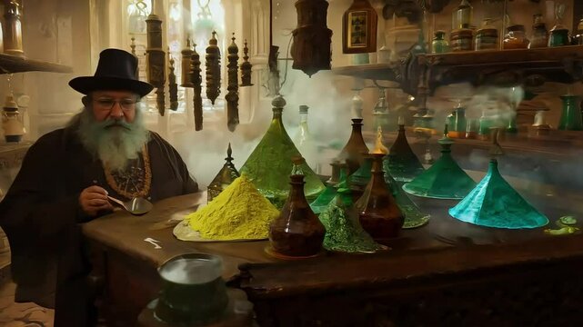 Alchemist wearing a hat and a robe prepares a magic potion in his mysterious workshop