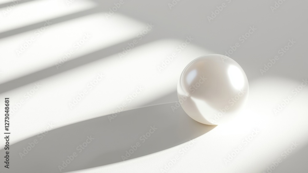 Poster minimalist composition of a single pearl, soft shadows and subtle reflections on a white backdrop.