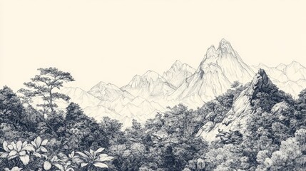 Mountain range pen drawing, botanical garden foreground, artistic landscape sketch, detailed terrain illustration, mountain climbing art, traditional drawing techniques, exploration artwork style