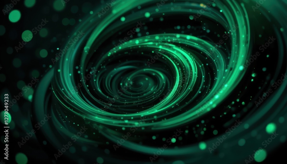 Poster glowing green vortex with swirling particles in a dynamic spiral pattern