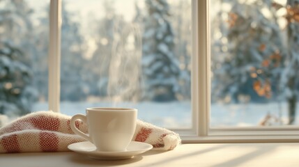 Warm cup of coffee on a windowsill with winter scenery in the background during a bright morning