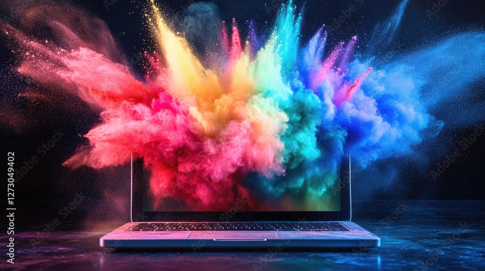 Poster a vibrant explosion of colored powder bursting out of a laptop screen, symbolizing creativity and di