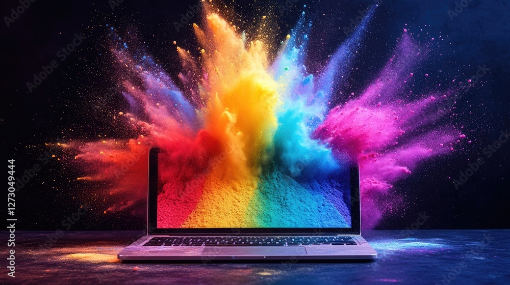 Aufkleber a vibrant explosion of colored powder bursting out of a laptop screen, symbolizing creativity and di