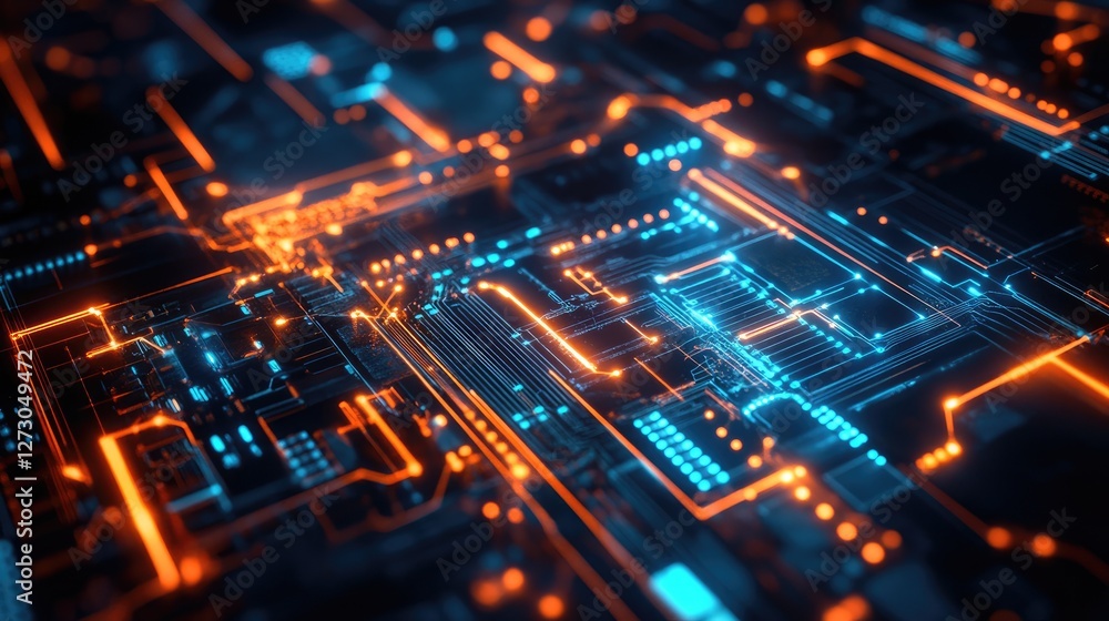 Aufkleber a vibrant futuristic circuit board with glowing connections and digital elements, reflecting the cut