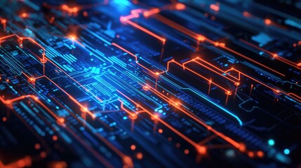 A vibrant futuristic circuit board with glowing connections and digital elements, reflecting the cutting-edge development in technology and innovation.