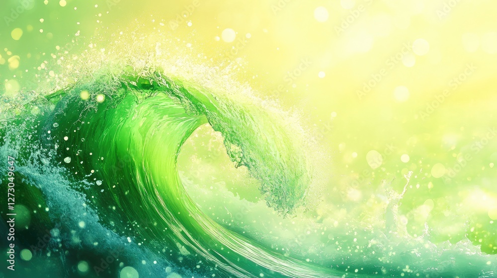 Poster a vibrant green wave with droplets of water, set against a dreamy bokeh background, creating a fresh