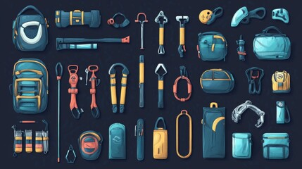 Fototapeta premium mountaineering tools illustration pack, climbing safety equipment, outdoor sport gear set, technical vector drawings, professional climbing elements, detailed equipment artwork, contemporary design