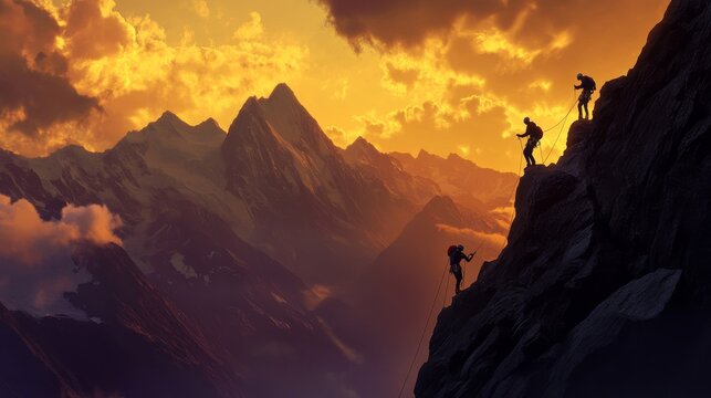 Mountaineering silhouettes against dramatic sunset, climbers scaling cliff face, rope team ascending peak, layered mountain ranges, moody storm clouds, golden horizon glow, atmospheric landscape