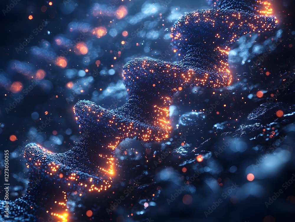 Poster glowing dna strands storing terabytes of digital data with holographic memory symbols