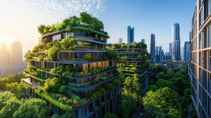 Obraz premium A vibrant sustainable city concept, with green spaces, renewable energy sources, and eco-friendly buildings, representing the future of urban development.