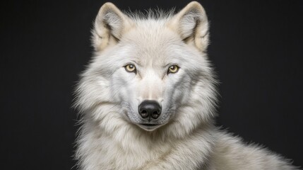 Obraz premium Noble wolf head study, ethereal white coat, intense eye expression, minimalist dark backdrop, high-end wildlife photography, cinematic lighting, banner format