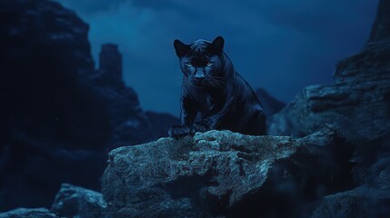 Majestic black panther perched on rocks at night, mysterious landscape background; wildlife photography