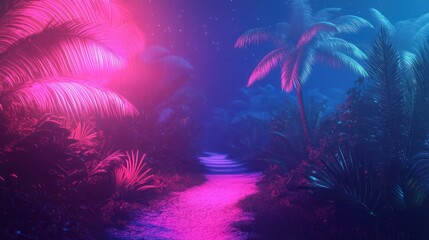 Night path through neon-lit tropical jungle