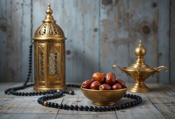 Fototapeta premium Ramadan Still Life, Dates, Lantern, and Prayer Beads on Rustic Wood