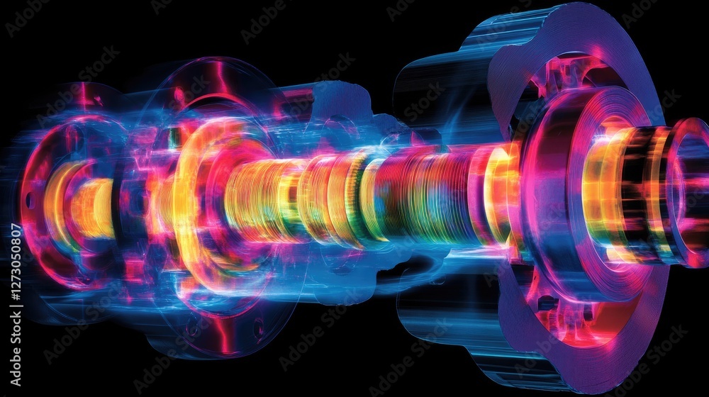 Poster A visual representation of finite element analysis (FEM) for a crankshaft and pistons, showing color maps that depict stress and strain levels.