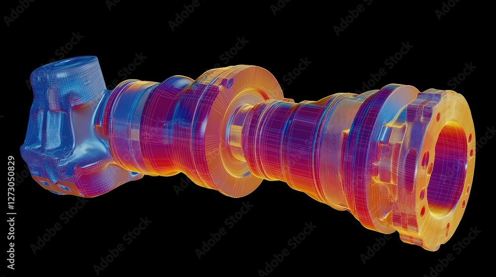 Poster A visual representation of finite element analysis (FEM) for a crankshaft and pistons, showing color maps that depict stress and strain levels.