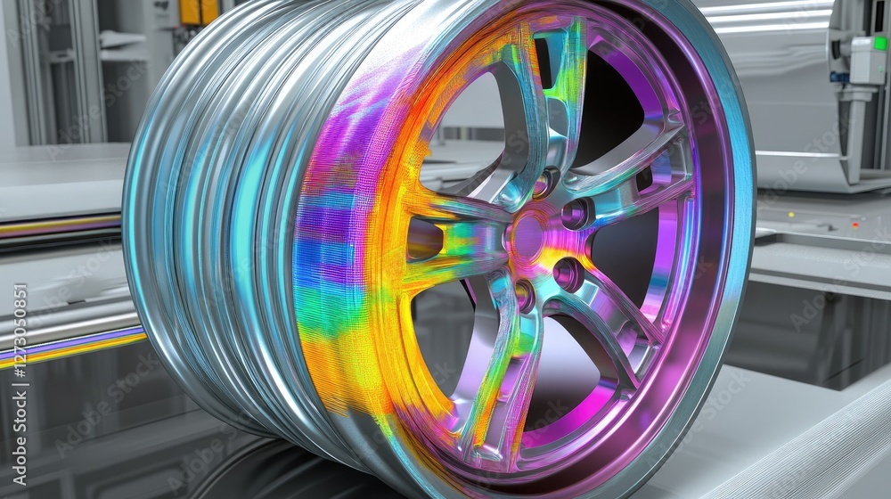 Poster A visual representation of finite element analysis (FEM) on a rim wheel, showing stress distribution with color maps indicating the areas under pressure.