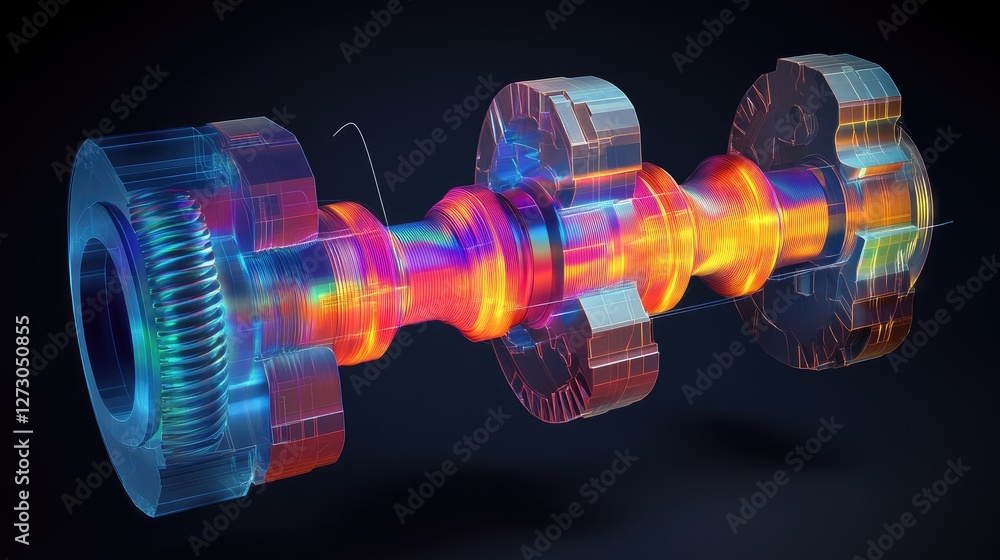 Poster a visual representation of finite element analysis (fem) for a crankshaft and pistons, showing color
