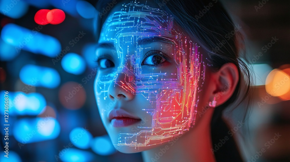 Poster a glowing circuit pattern overlaid on a human face, representing ai augmentation