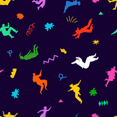 Colorful pattern with flying stylish people. Multi-ethnic community. Movement in air, falling young characters in different poses, hovering and soaring, happy guys and girls