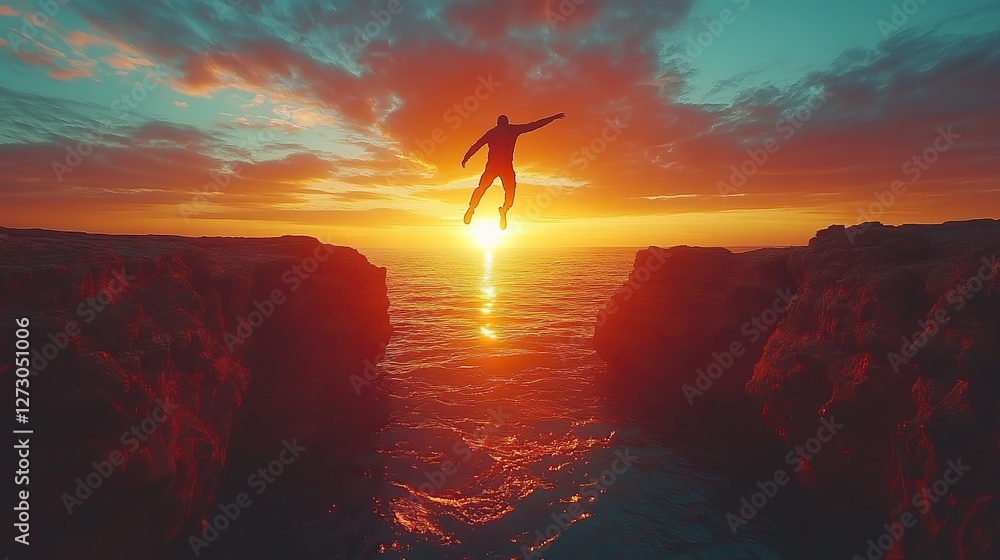 Poster silhouette of a man leaping between two cliffs at sunset symbolizing perseverance positive mindset a