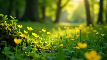 Fototapeta premium Serene Spring Meadow Sunlit Yellow Flowers Blooming Amongst Lush Green Foliage, Creating a Peaceful Natural Scene