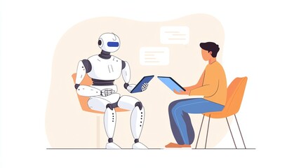 A humanoid AI robot and a human sharing a holographic tablet, working on a shared project