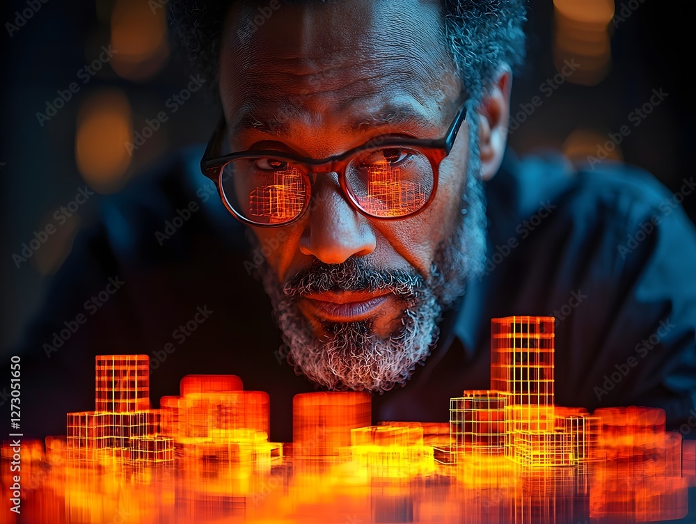 Poster visionary architect posing with vibrant glowing modular structures showcasing innovative and forward