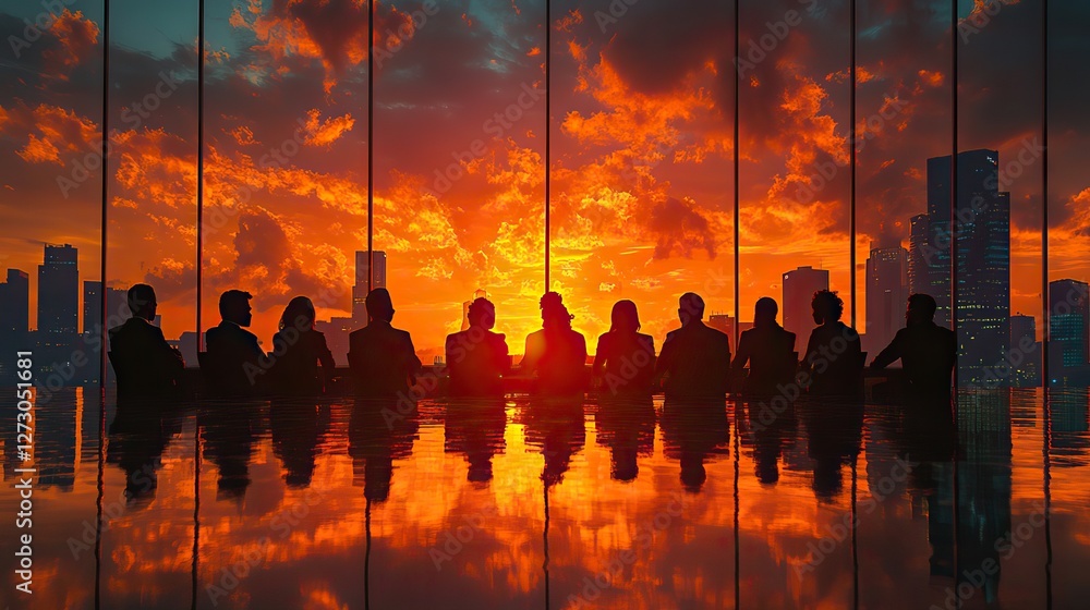 Poster silhouetted side view of diverse group engaging in collaborative discussion symbolizing unity and pa