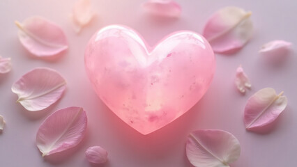 Obraz premium Polished rose quartz shaped as a heart, radiating a soft pink glow, surrounded by delicate petals on a soft pastel background