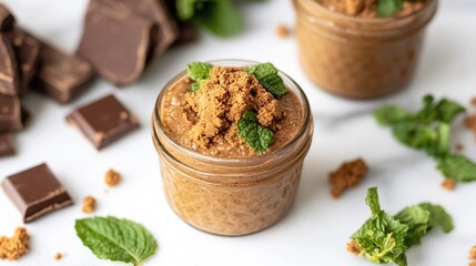 Chocolate mint dessert in jar, crumbs, marble