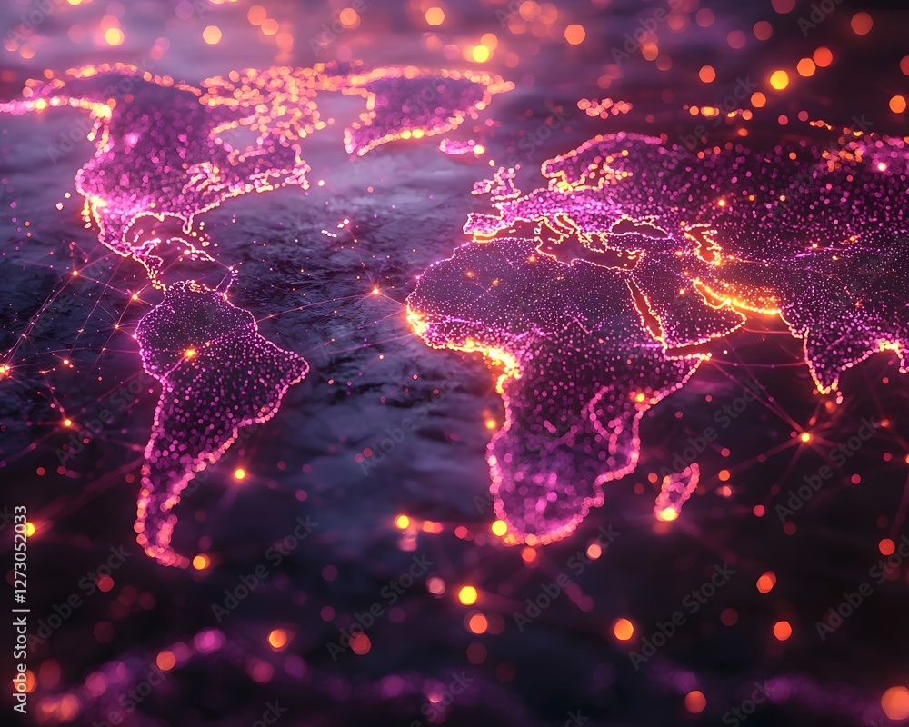 Poster vibrant futuristic quantum internet map connecting global digital data network