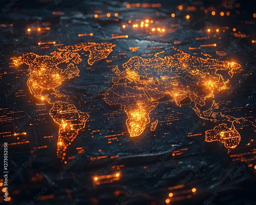 Poster futuristic quantum internet map with vibrant data connections across continents