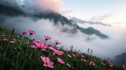 Obraz premium Dramatic cinematic style portrays a dreamy valley landscape: glowing pink flowers in a field, misty mountains, soft atmospheric light. 