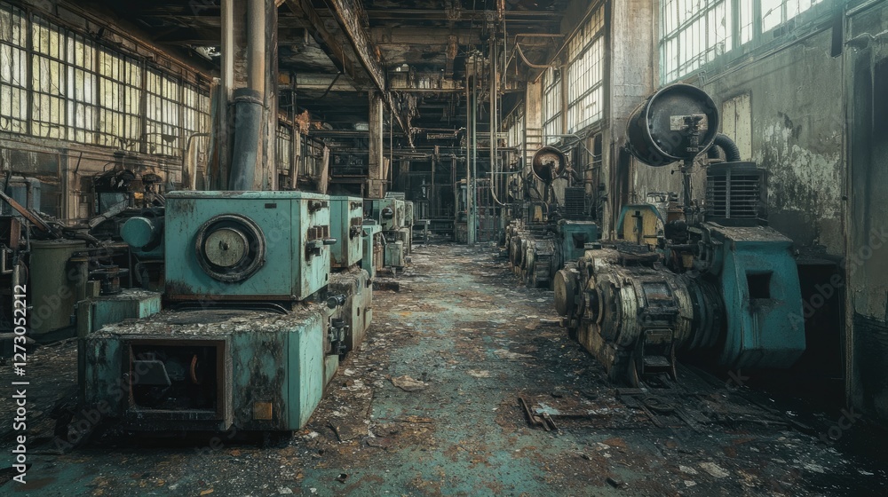 Poster abandoned industrial machines in an empty factory, covered in dust and rust, telling the story of a 
