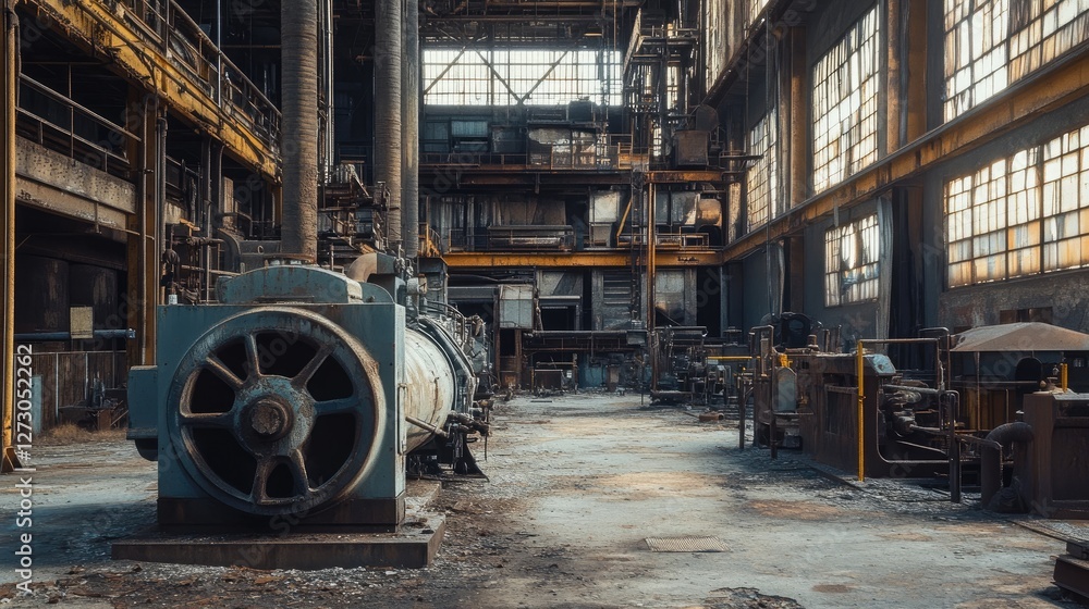 Poster abandoned industrial machines in an empty factory, covered in dust and rust, telling the story of a 