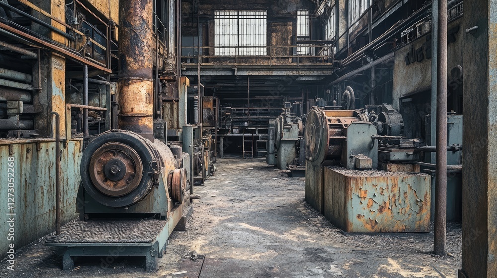 Poster abandoned industrial machines in an empty factory, covered in dust and rust, telling the story of a 
