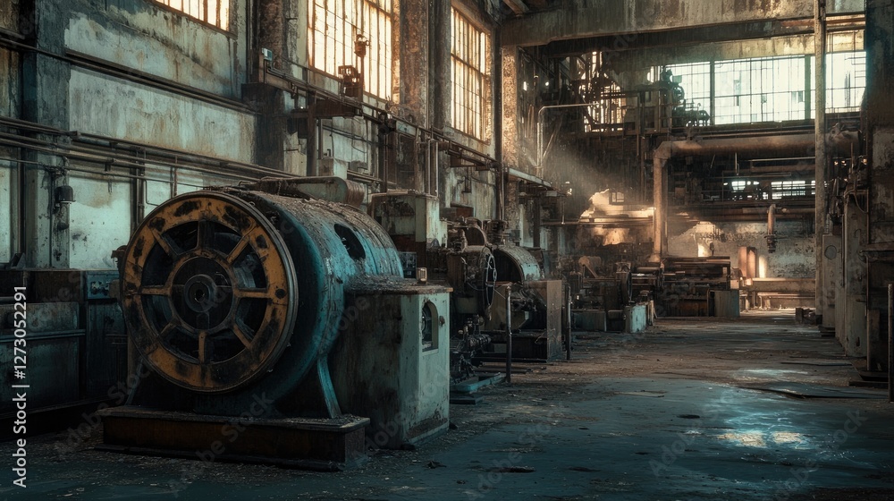 Poster abandoned industrial machines in an empty factory, covered in dust and rust, telling the story of a 