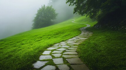 Obraz premium Serpentine walkway amid perfect green meadows, rustic paving blocks, smooth hillside, ethereal fog, tranquil outdoor scene, fine art photography, harmonious composition