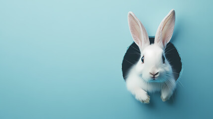 Obraz premium Cute Bunny Peeking from a Blue Wall Hole